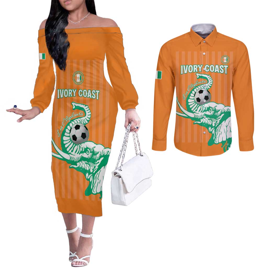 Custom Ivory Coast Football Couples Matching Off The Shoulder Long Sleeve Dress and Long Sleeve Button Shirt Come On Elephants