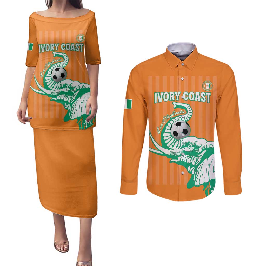 Custom Ivory Coast Football Couples Matching Puletasi and Long Sleeve Button Shirt Come On Elephants