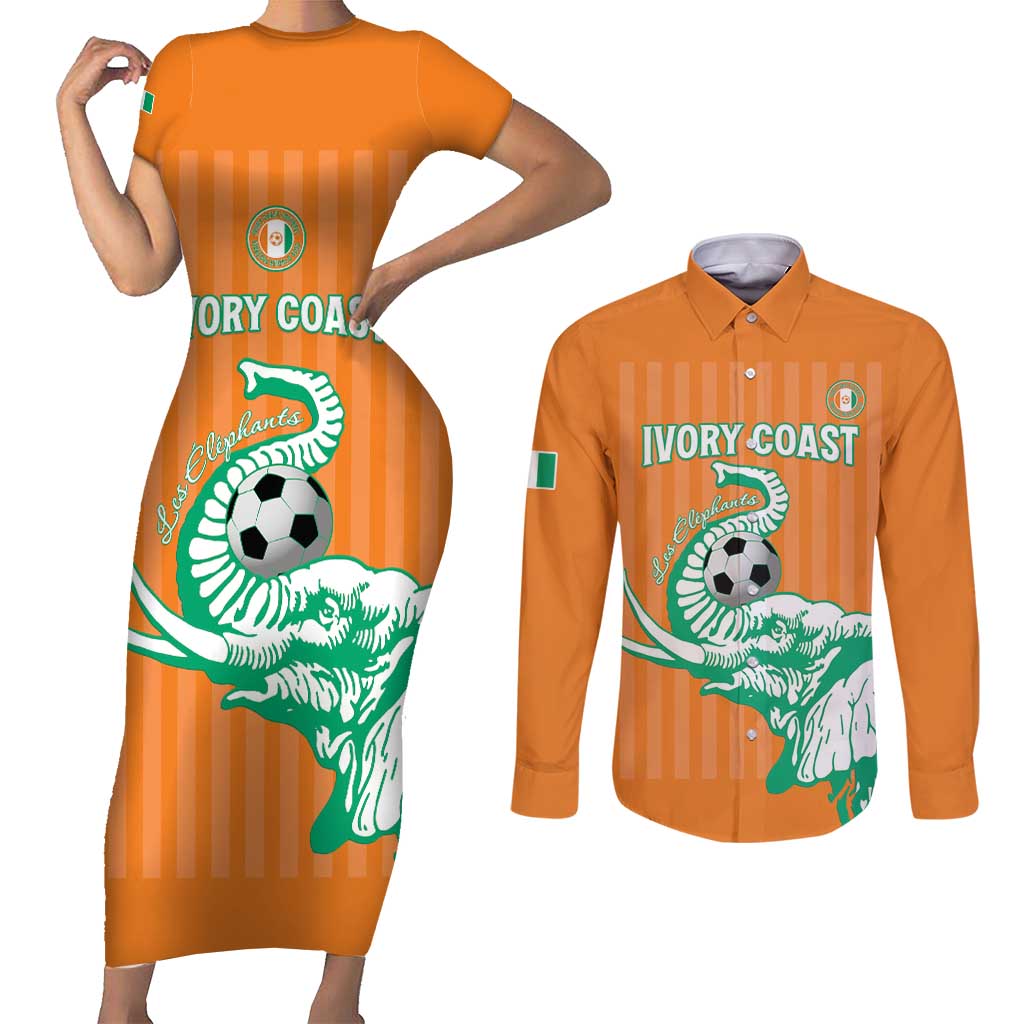Custom Ivory Coast Football Couples Matching Short Sleeve Bodycon Dress and Long Sleeve Button Shirt Come On Elephants