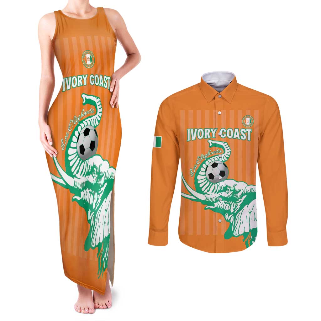 Custom Ivory Coast Football Couples Matching Tank Maxi Dress and Long Sleeve Button Shirt Come On Elephants