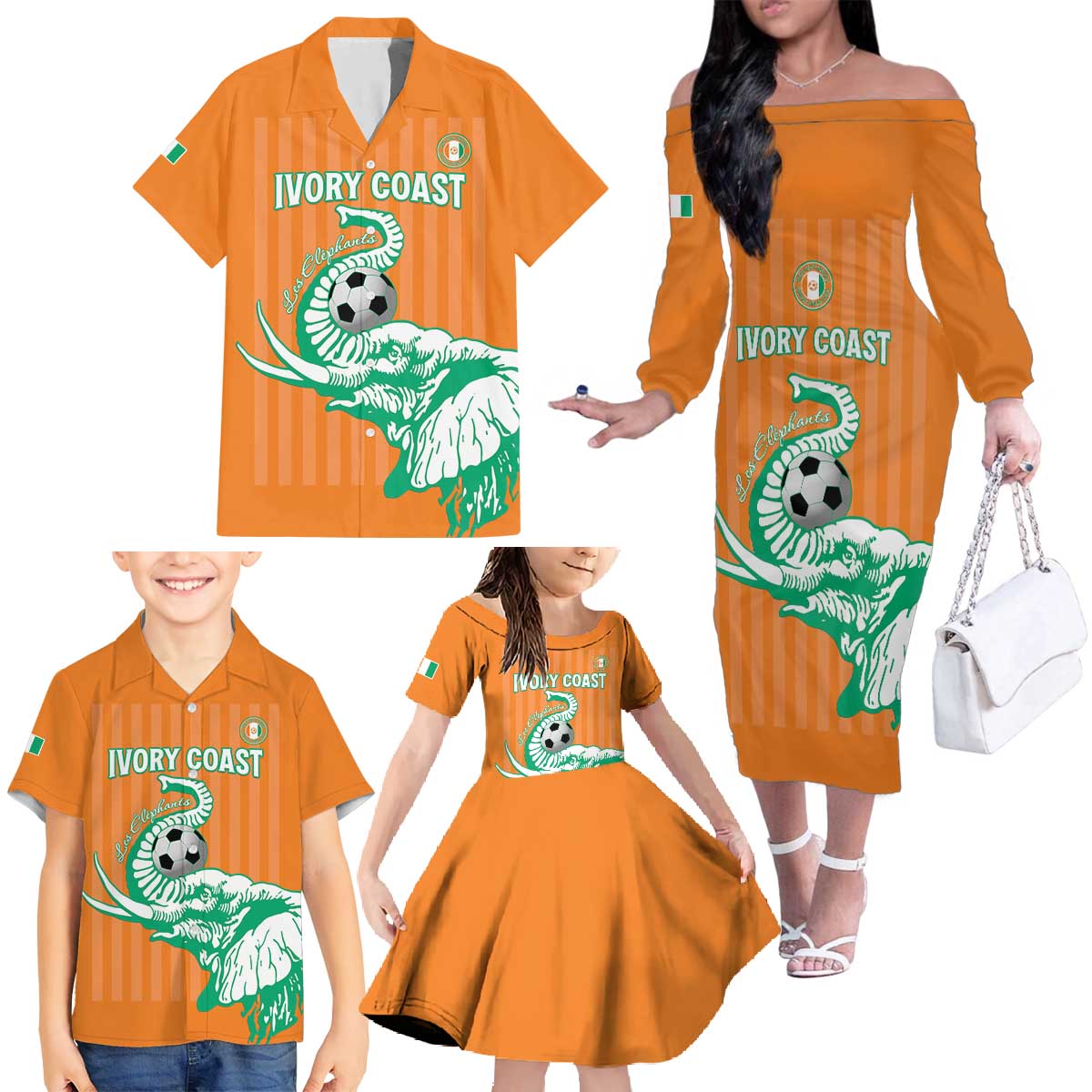 Custom Ivory Coast Football Family Matching Off The Shoulder Long Sleeve Dress and Hawaiian Shirt Come On Elephants