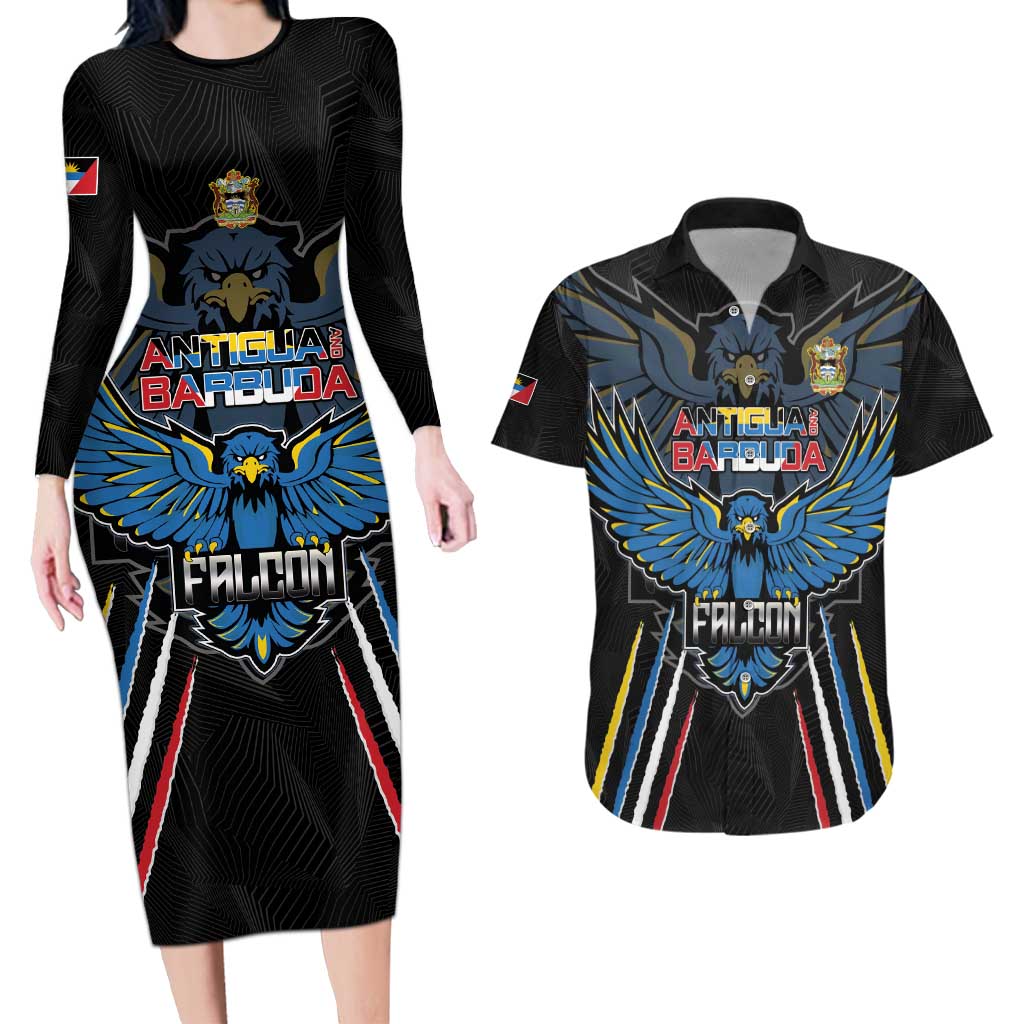 Custom Antigua and Barbuda Cricket Couples Matching Long Sleeve Bodycon Dress and Hawaiian Shirt Come On Falcons