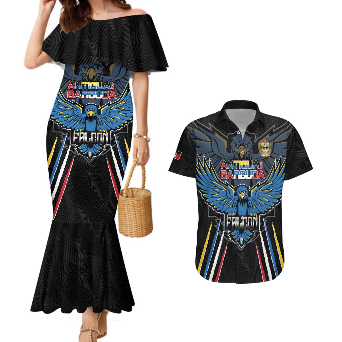 Custom Antigua and Barbuda Cricket Couples Matching Mermaid Dress and Hawaiian Shirt Come On Falcons