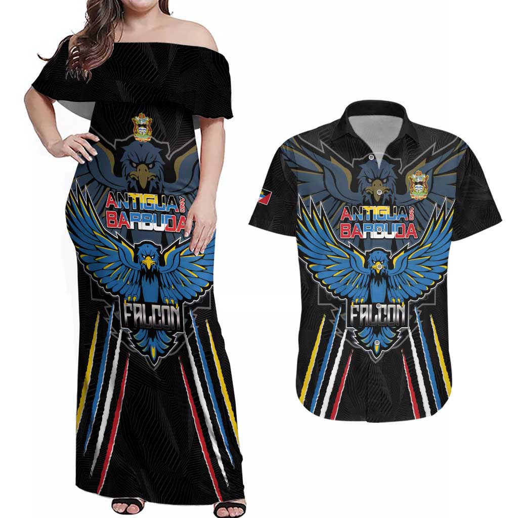 Custom Antigua and Barbuda Cricket Couples Matching Off Shoulder Maxi Dress and Hawaiian Shirt Come On Falcons