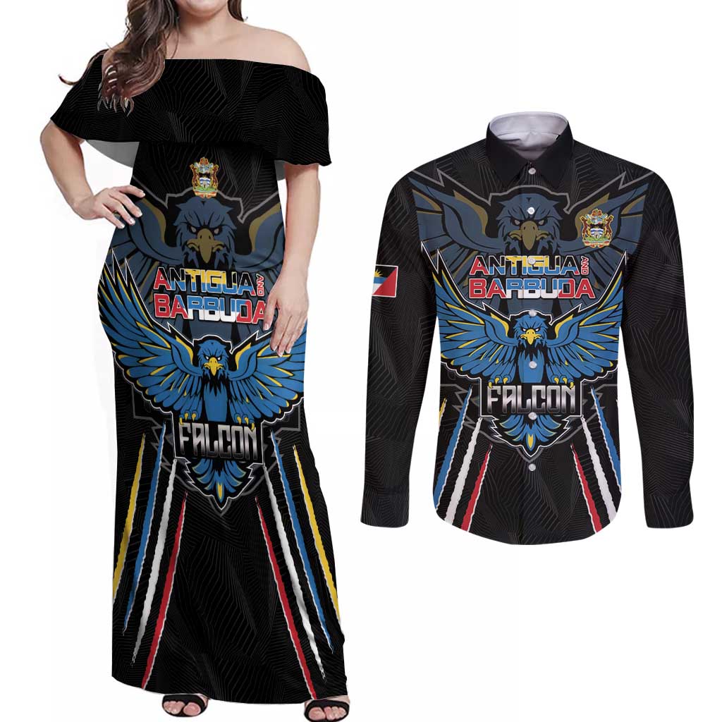 Custom Antigua and Barbuda Cricket Couples Matching Off Shoulder Maxi Dress and Long Sleeve Button Shirt Come On Falcons