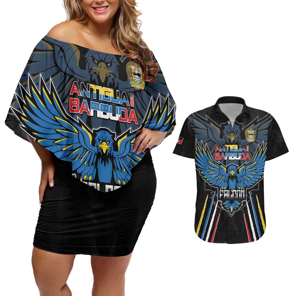 Custom Antigua and Barbuda Cricket Couples Matching Off Shoulder Short Dress and Hawaiian Shirt Come On Falcons