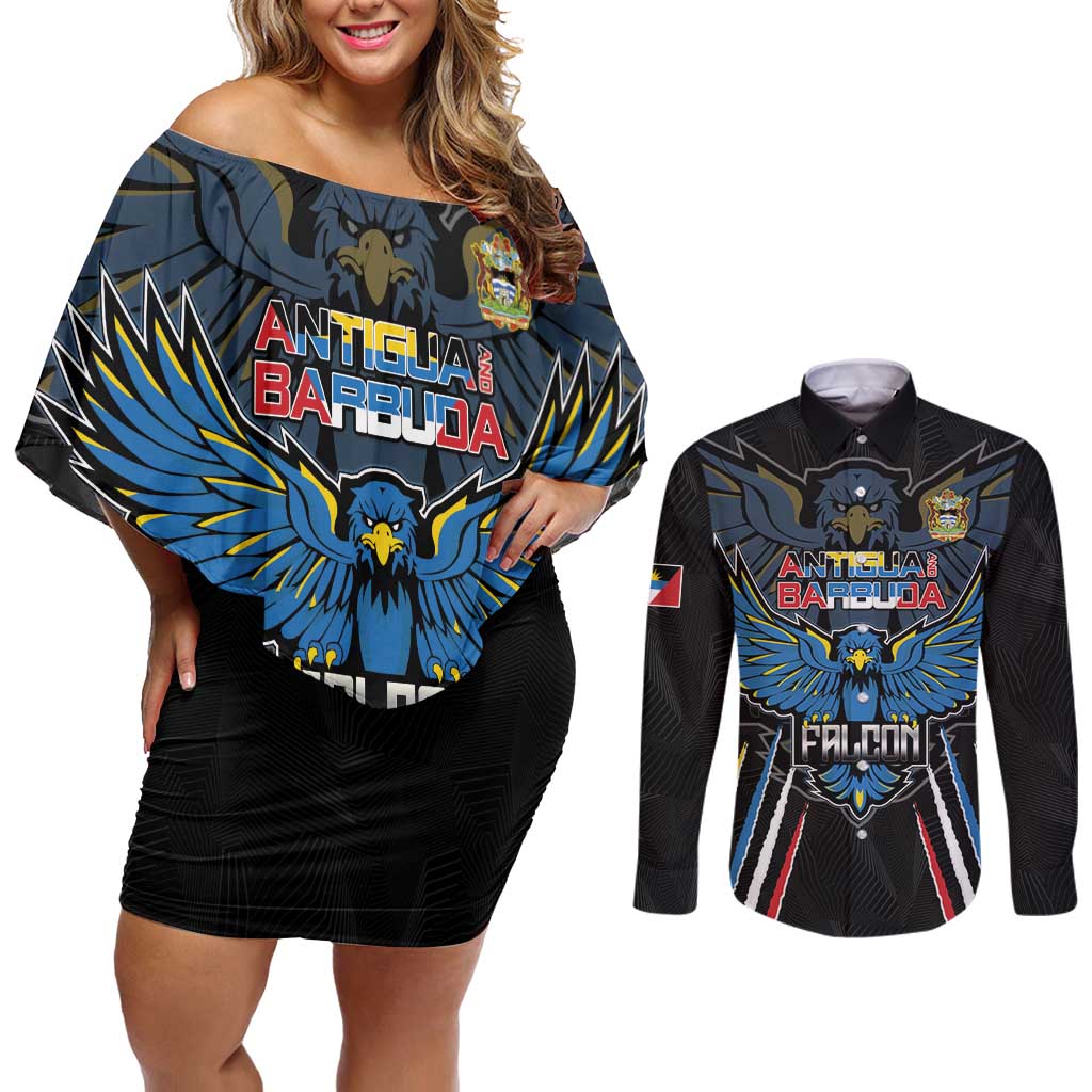 Custom Antigua and Barbuda Cricket Couples Matching Off Shoulder Short Dress and Long Sleeve Button Shirt Come On Falcons