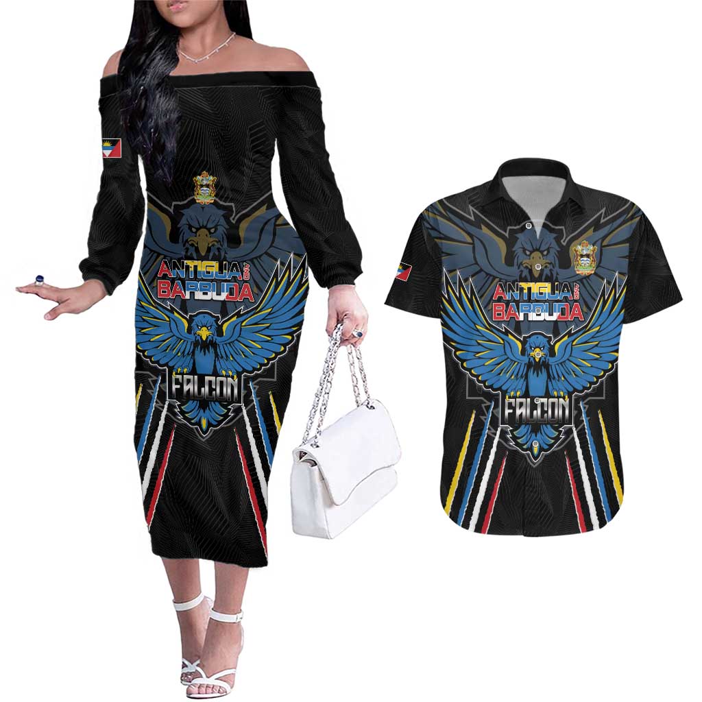 Custom Antigua and Barbuda Cricket Couples Matching Off The Shoulder Long Sleeve Dress and Hawaiian Shirt Come On Falcons