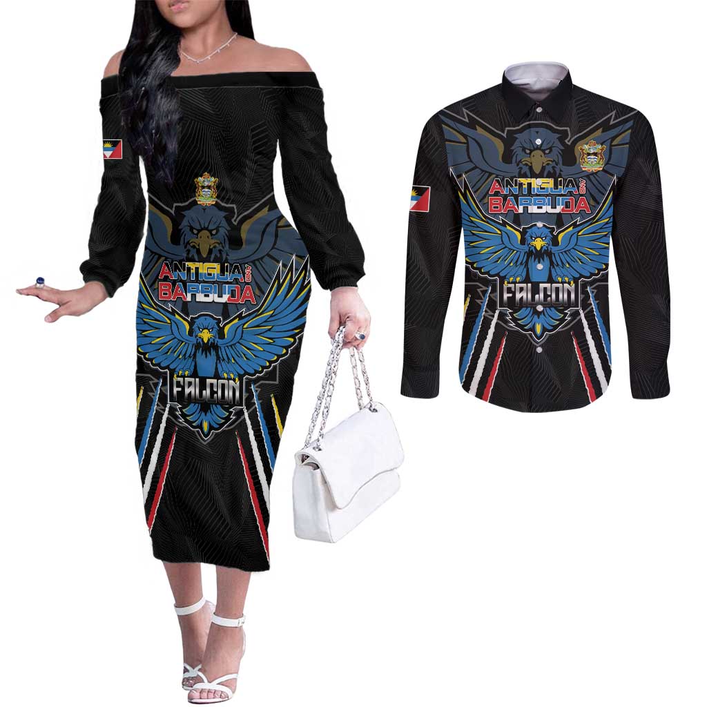 Custom Antigua and Barbuda Cricket Couples Matching Off The Shoulder Long Sleeve Dress and Long Sleeve Button Shirt Come On Falcons