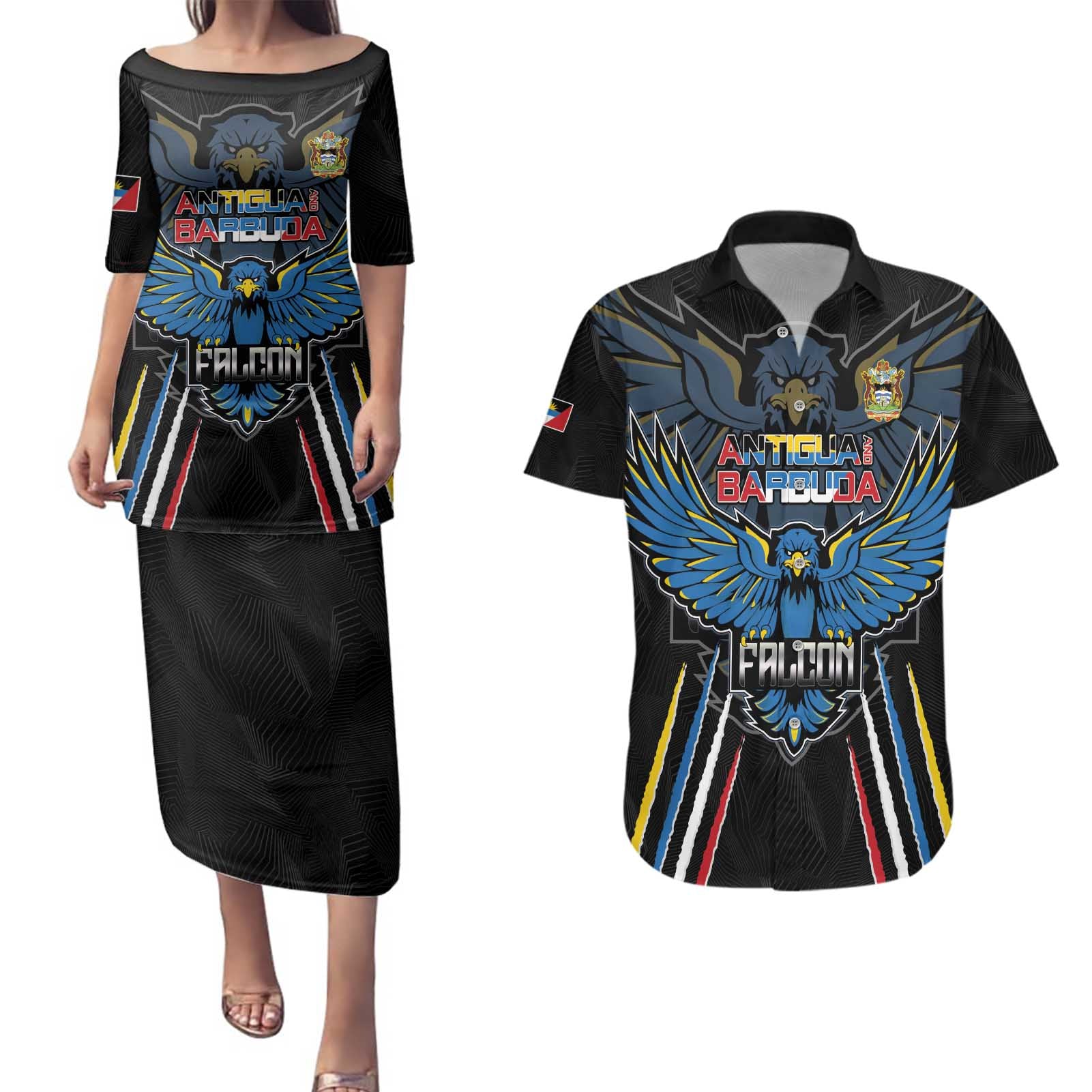 Custom Antigua and Barbuda Cricket Couples Matching Puletasi and Hawaiian Shirt Come On Falcons