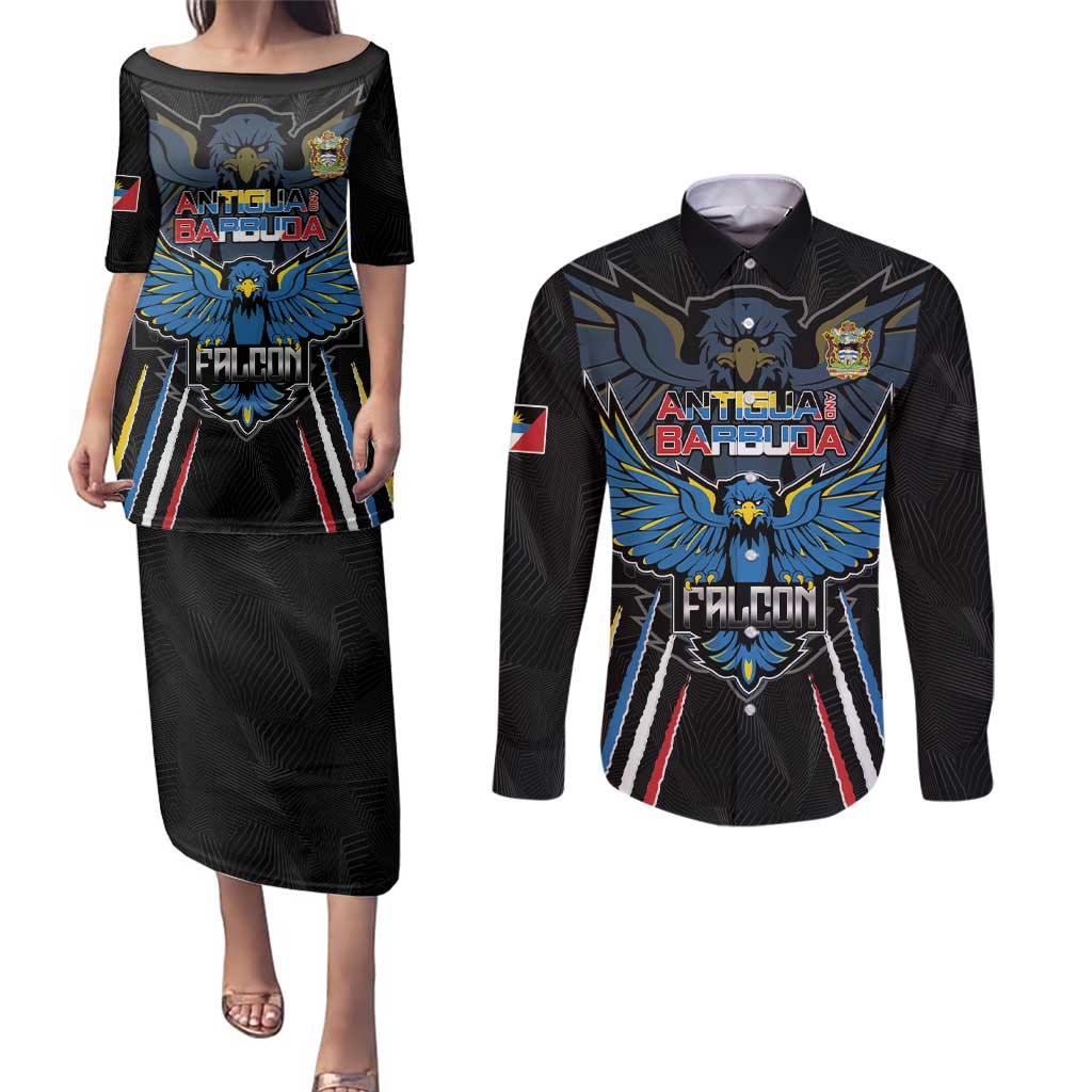 Custom Antigua and Barbuda Cricket Couples Matching Puletasi and Long Sleeve Button Shirt Come On Falcons