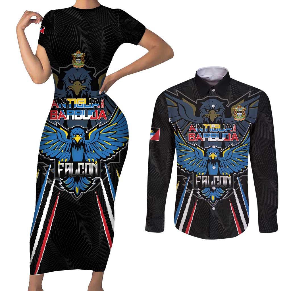 Custom Antigua and Barbuda Cricket Couples Matching Short Sleeve Bodycon Dress and Long Sleeve Button Shirt Come On Falcons