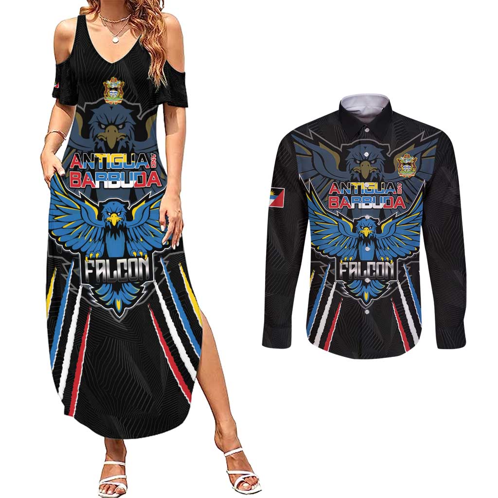 Custom Antigua and Barbuda Cricket Couples Matching Summer Maxi Dress and Long Sleeve Button Shirt Come On Falcons