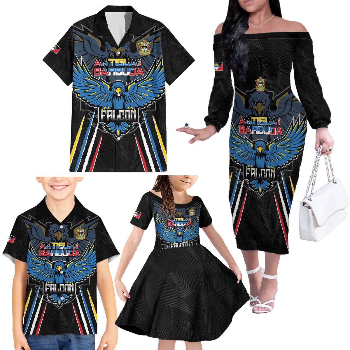 Custom Antigua and Barbuda Cricket Family Matching Off The Shoulder Long Sleeve Dress and Hawaiian Shirt Come On Falcons