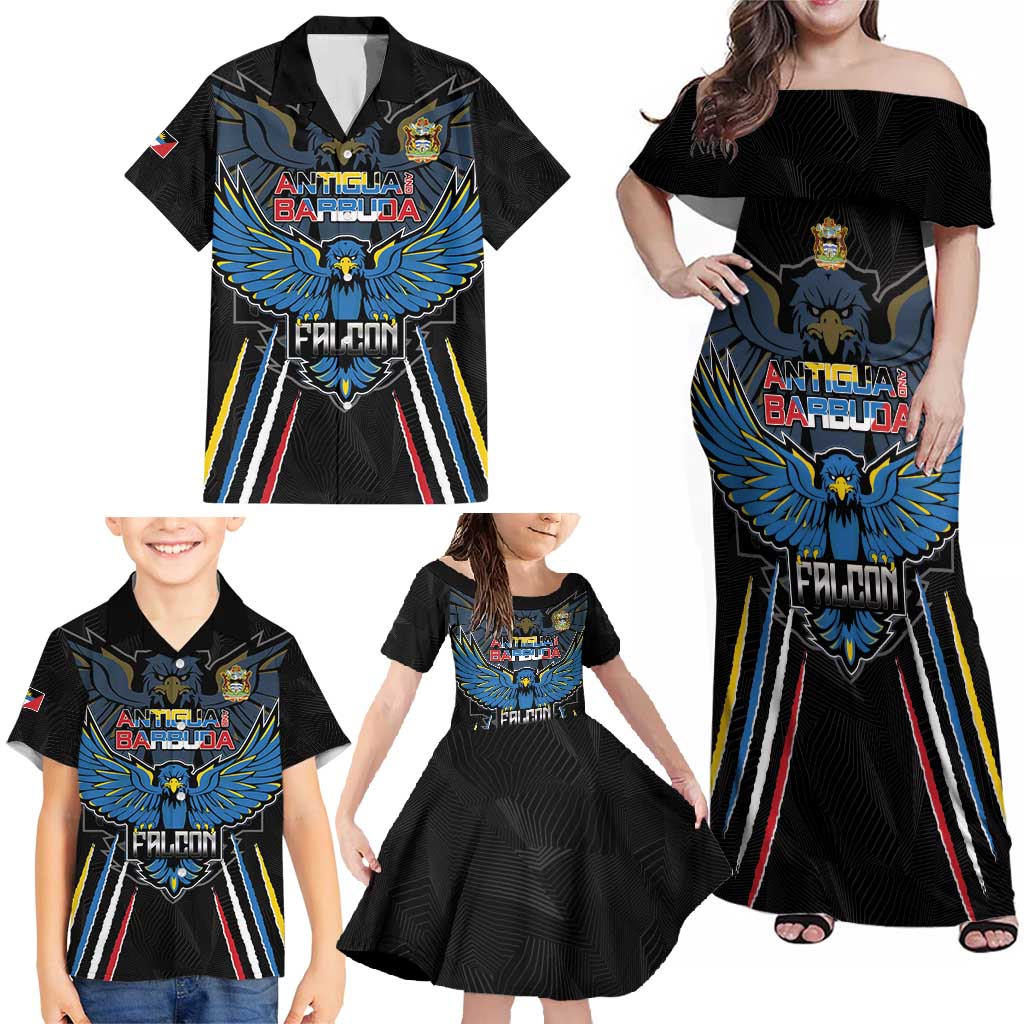 Custom Antigua and Barbuda Cricket Family Matching Off Shoulder Maxi Dress and Hawaiian Shirt Come On Falcons