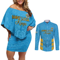 Custom Saint Lucia Cricket Couples Matching Off Shoulder Short Dress and Long Sleeve Button Shirt Go Beinspired