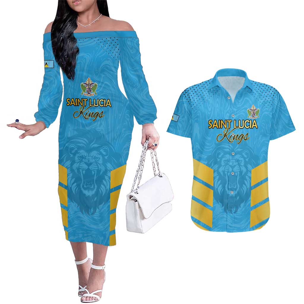 Custom Saint Lucia Cricket Couples Matching Off The Shoulder Long Sleeve Dress and Hawaiian Shirt Go Beinspired