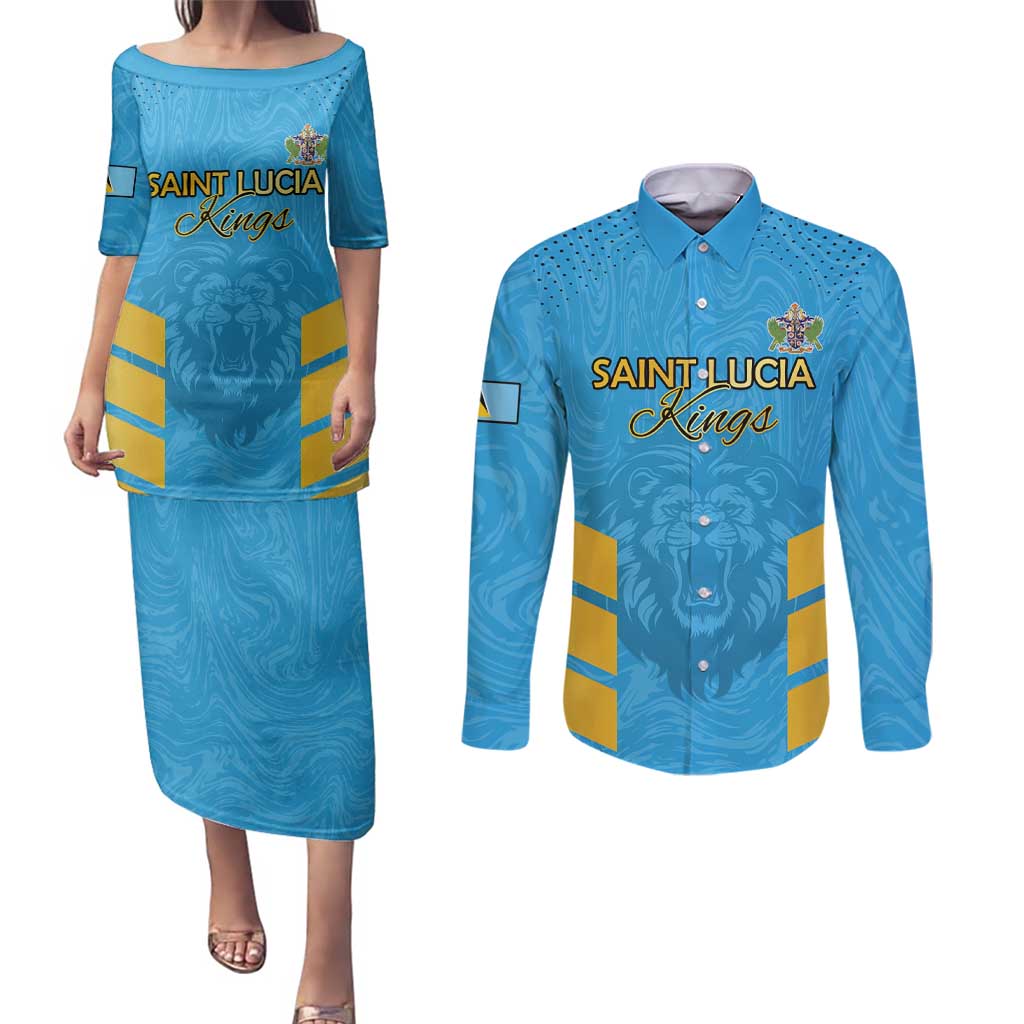 Custom Saint Lucia Cricket Couples Matching Puletasi and Long Sleeve Button Shirt Go Beinspired