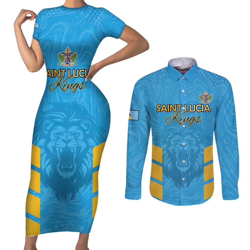 Custom Saint Lucia Cricket Couples Matching Short Sleeve Bodycon Dress and Long Sleeve Button Shirt Go Beinspired