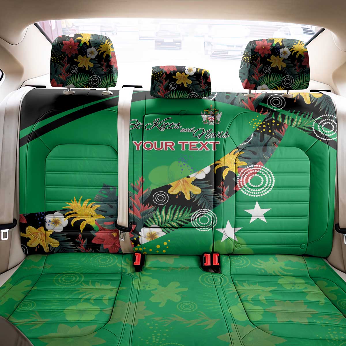 Custom St Kitts and Nevis Cricket Back Car Seat Cover Tropical Flowers Jersey