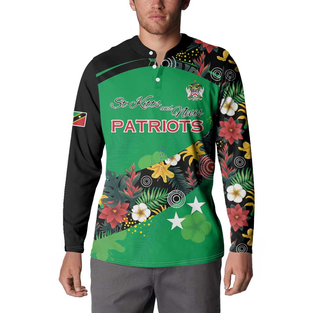 Custom St Kitts and Nevis Cricket Button Sweatshirt Tropical Flowers Jersey