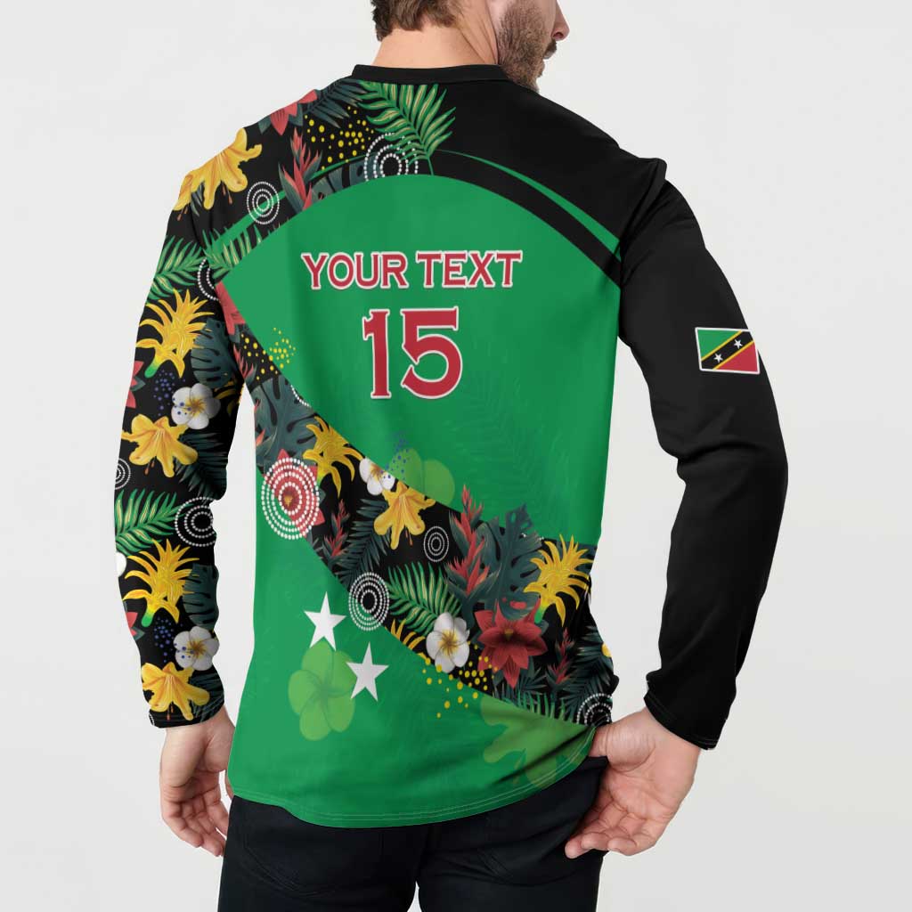 Custom St Kitts and Nevis Cricket Button Sweatshirt Tropical Flowers Jersey