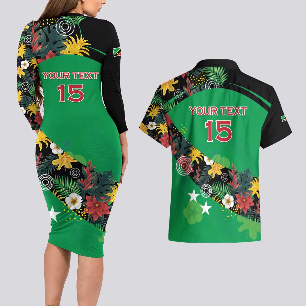 Custom St Kitts and Nevis Cricket Couples Matching Long Sleeve Bodycon Dress and Hawaiian Shirt Tropical Flowers Jersey