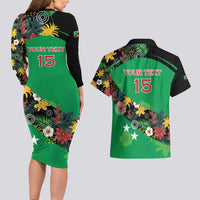 Custom St Kitts and Nevis Cricket Couples Matching Long Sleeve Bodycon Dress and Hawaiian Shirt Tropical Flowers Jersey