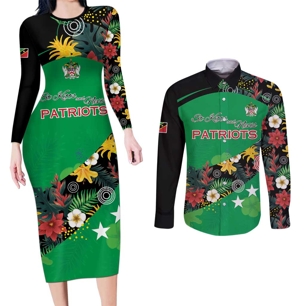 Custom St Kitts and Nevis Cricket Couples Matching Long Sleeve Bodycon Dress and Long Sleeve Button Shirt Tropical Flowers Jersey