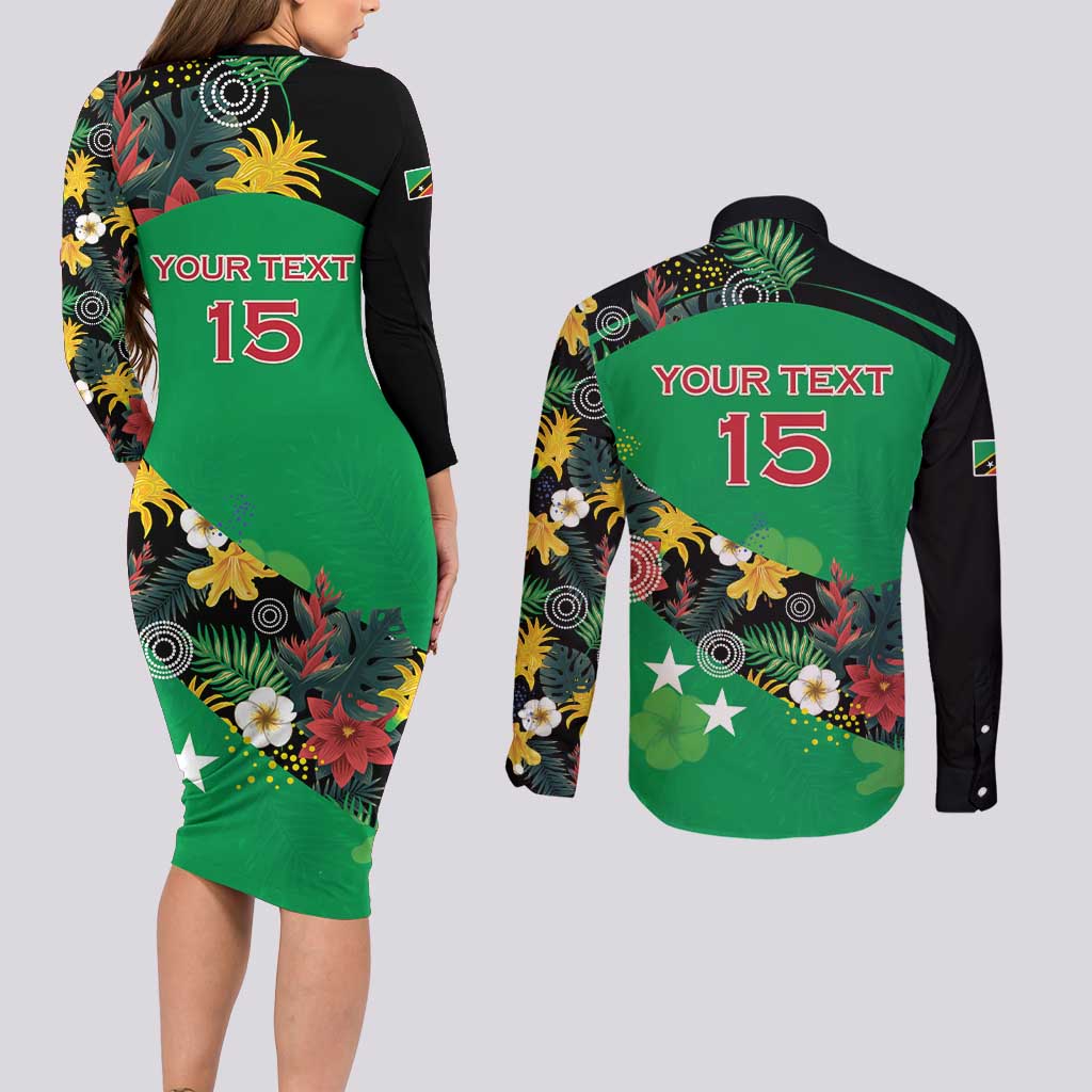 Custom St Kitts and Nevis Cricket Couples Matching Long Sleeve Bodycon Dress and Long Sleeve Button Shirt Tropical Flowers Jersey