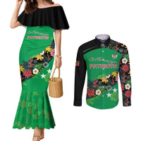 Custom St Kitts and Nevis Cricket Couples Matching Mermaid Dress and Long Sleeve Button Shirt Tropical Flowers Jersey