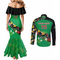 Custom St Kitts and Nevis Cricket Couples Matching Mermaid Dress and Long Sleeve Button Shirt Tropical Flowers Jersey