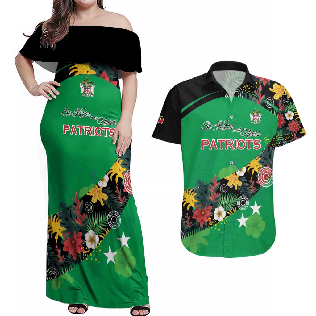 Custom St Kitts and Nevis Cricket Couples Matching Off Shoulder Maxi Dress and Hawaiian Shirt Tropical Flowers Jersey