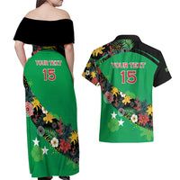 Custom St Kitts and Nevis Cricket Couples Matching Off Shoulder Maxi Dress and Hawaiian Shirt Tropical Flowers Jersey