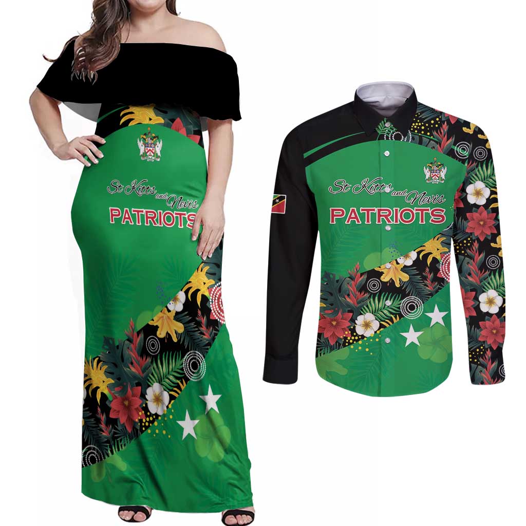 Custom St Kitts and Nevis Cricket Couples Matching Off Shoulder Maxi Dress and Long Sleeve Button Shirt Tropical Flowers Jersey