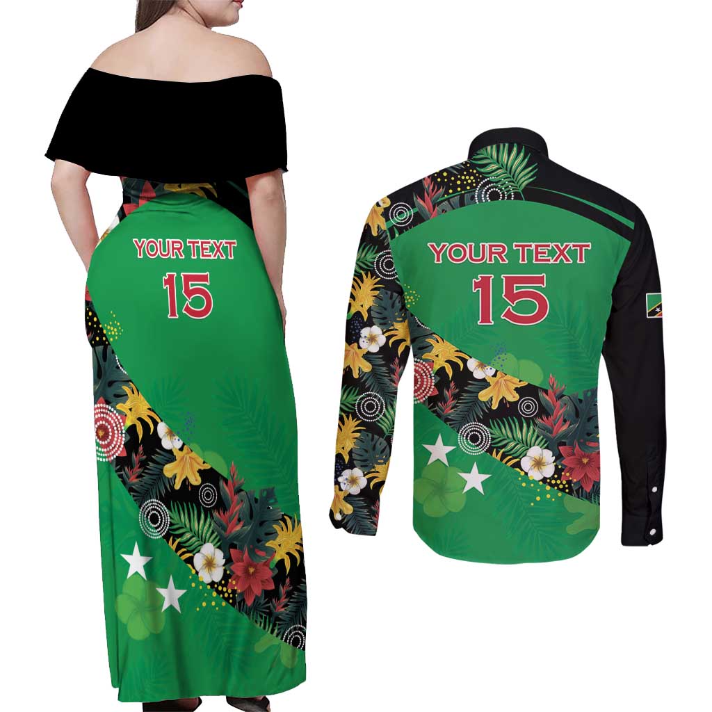 Custom St Kitts and Nevis Cricket Couples Matching Off Shoulder Maxi Dress and Long Sleeve Button Shirt Tropical Flowers Jersey