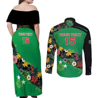 Custom St Kitts and Nevis Cricket Couples Matching Off Shoulder Maxi Dress and Long Sleeve Button Shirt Tropical Flowers Jersey