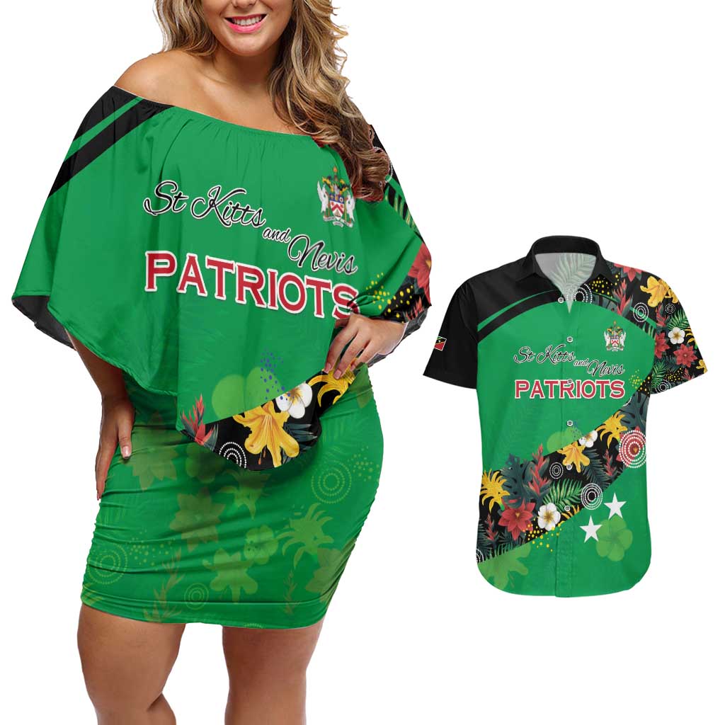 Custom St Kitts and Nevis Cricket Couples Matching Off Shoulder Short Dress and Hawaiian Shirt Tropical Flowers Jersey