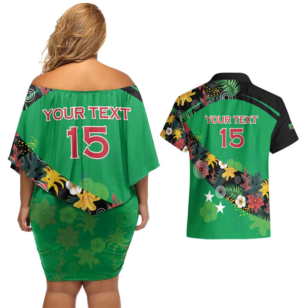 Custom St Kitts and Nevis Cricket Couples Matching Off Shoulder Short Dress and Hawaiian Shirt Tropical Flowers Jersey