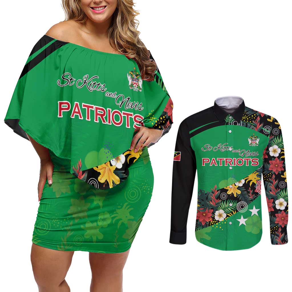 Custom St Kitts and Nevis Cricket Couples Matching Off Shoulder Short Dress and Long Sleeve Button Shirt Tropical Flowers Jersey