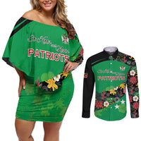 Custom St Kitts and Nevis Cricket Couples Matching Off Shoulder Short Dress and Long Sleeve Button Shirt Tropical Flowers Jersey