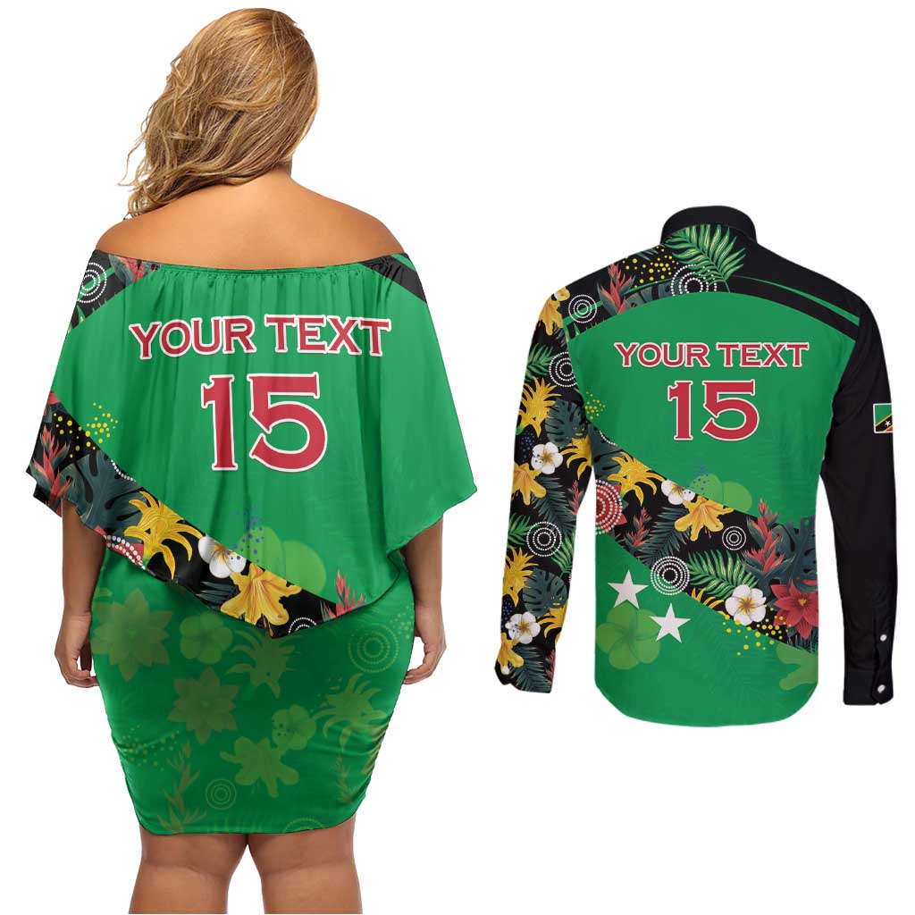 Custom St Kitts and Nevis Cricket Couples Matching Off Shoulder Short Dress and Long Sleeve Button Shirt Tropical Flowers Jersey
