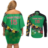 Custom St Kitts and Nevis Cricket Couples Matching Off Shoulder Short Dress and Long Sleeve Button Shirt Tropical Flowers Jersey