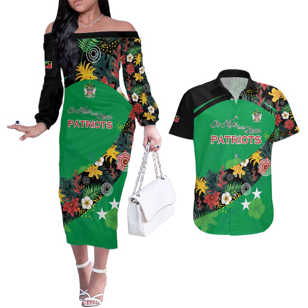 Custom St Kitts and Nevis Cricket Couples Matching Off The Shoulder Long Sleeve Dress and Hawaiian Shirt Tropical Flowers Jersey