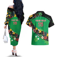Custom St Kitts and Nevis Cricket Couples Matching Off The Shoulder Long Sleeve Dress and Hawaiian Shirt Tropical Flowers Jersey