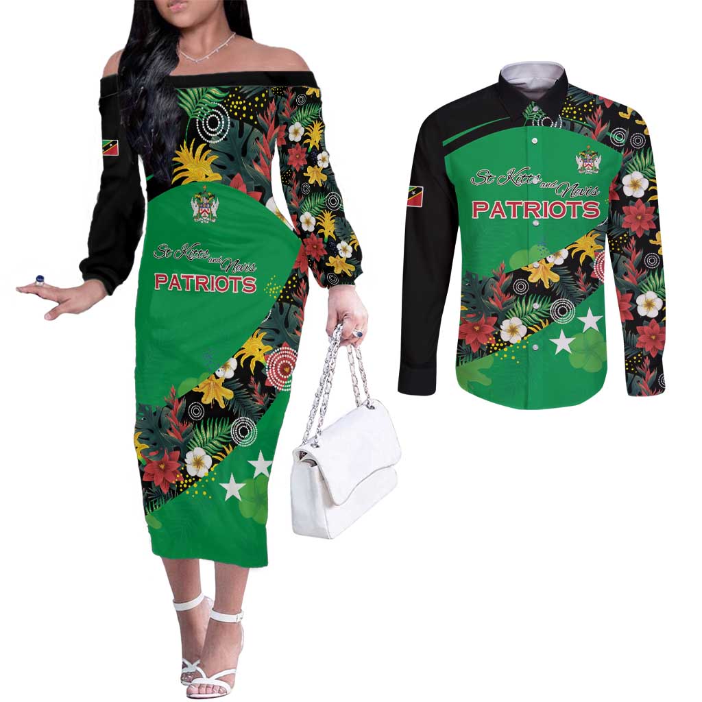 Custom St Kitts and Nevis Cricket Couples Matching Off The Shoulder Long Sleeve Dress and Long Sleeve Button Shirt Tropical Flowers Jersey