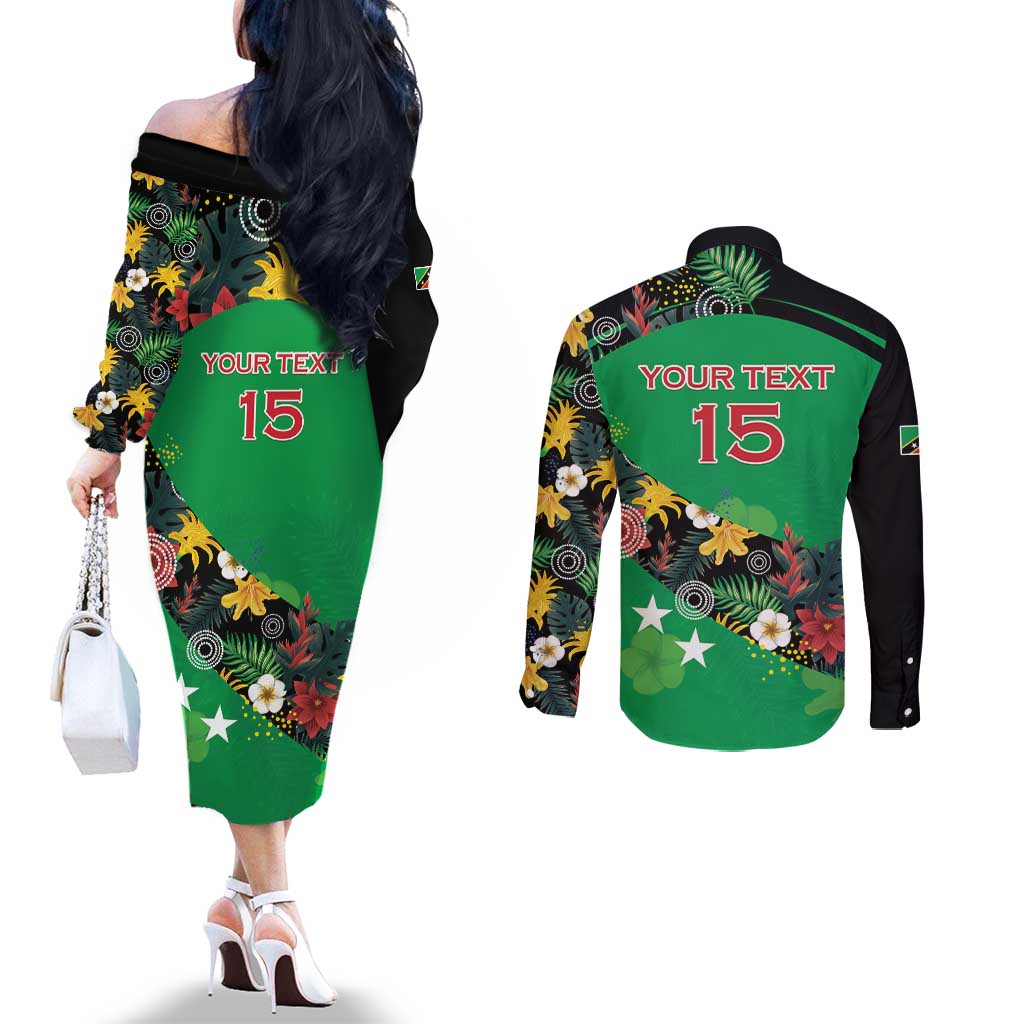 Custom St Kitts and Nevis Cricket Couples Matching Off The Shoulder Long Sleeve Dress and Long Sleeve Button Shirt Tropical Flowers Jersey