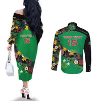 Custom St Kitts and Nevis Cricket Couples Matching Off The Shoulder Long Sleeve Dress and Long Sleeve Button Shirt Tropical Flowers Jersey