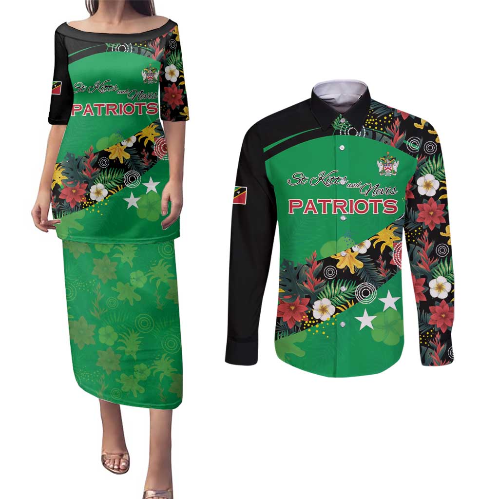 Custom St Kitts and Nevis Cricket Couples Matching Puletasi and Long Sleeve Button Shirt Tropical Flowers Jersey