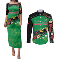 Custom St Kitts and Nevis Cricket Couples Matching Puletasi and Long Sleeve Button Shirt Tropical Flowers Jersey